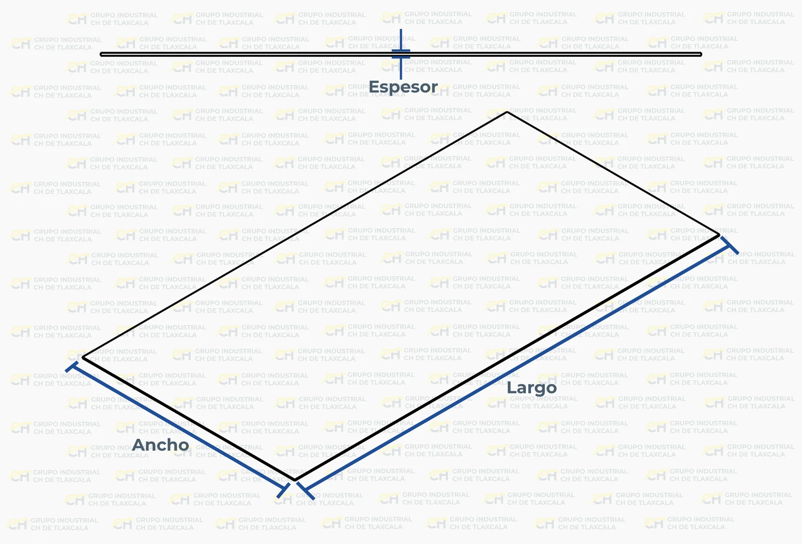 Diagrama de ancho, largo y espesor de lámina lisa