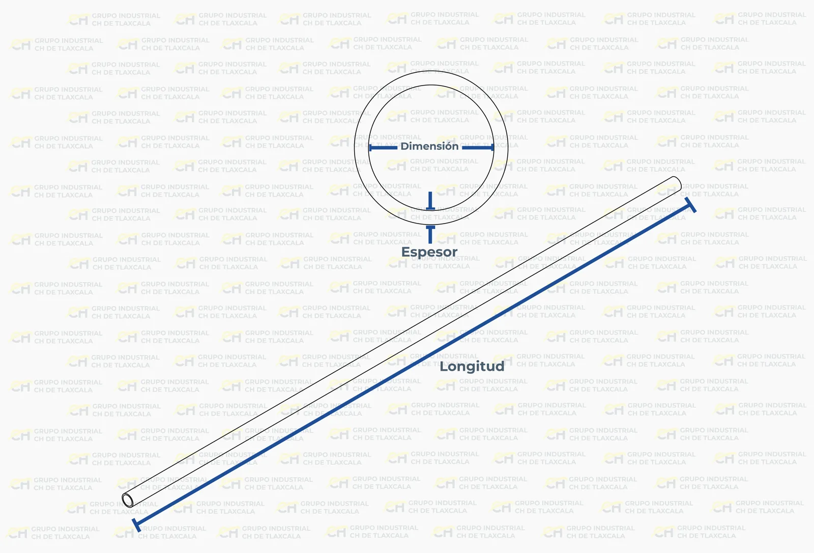 Diagrama de dimensión, espesor y longitud de la tubería industrial redonda