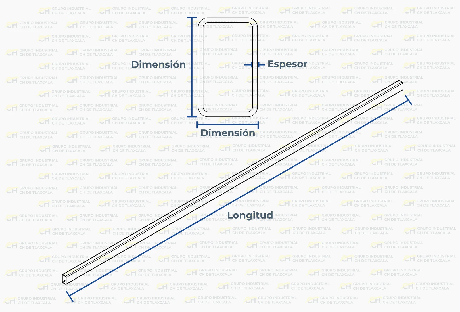 Diagrama de dimensiones, espesor y longitud de la tubería rectangular